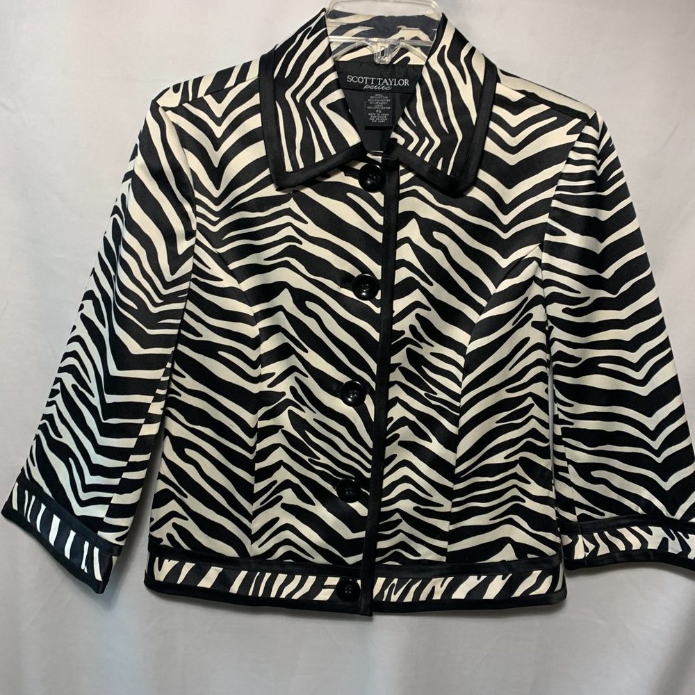 Scott Taylor - Zebra Stripe - 3/4 Sleeve - Satin-like Jacket, Size Petite Small